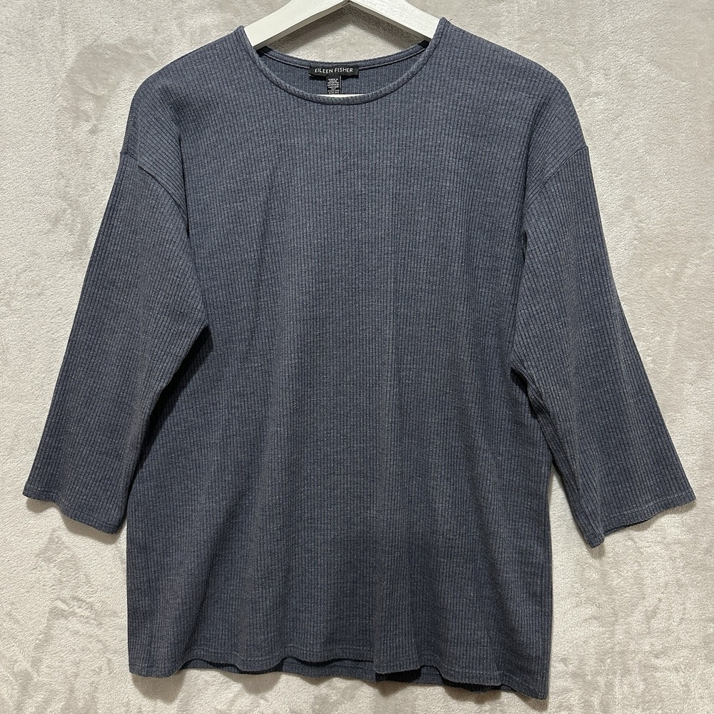 Eileen Fisher Women's‎ Blue Ribbed Top Size S 3/4 Sleeves Crew Neck